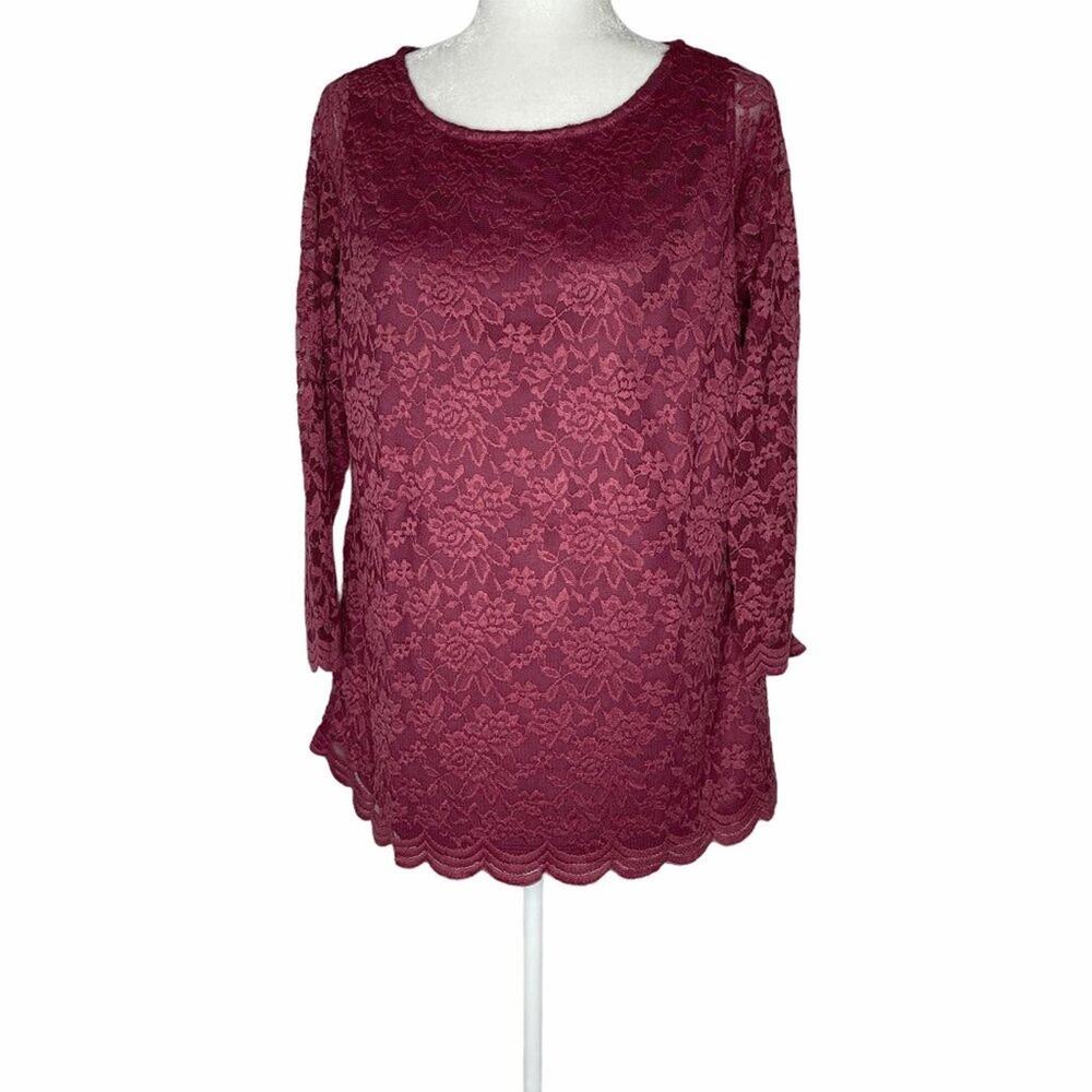 Roaman's Burgundy Lace Long Sleeved Scoop Neck Blouse Size 12 - Picture 1 of 8